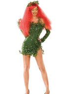Women Green Ivy Halloween Cosplay Costume Party Deluxe Sleeveless Fake Leaves Strapless Sequin Mini Dress with Gloves Set 5