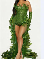 Sexy Halloween Costume Dress Adult Leaf Sequin Dance Dress Mini Skirt V-Neck Sleeveless Polyester Fiber Empire Waistline 5