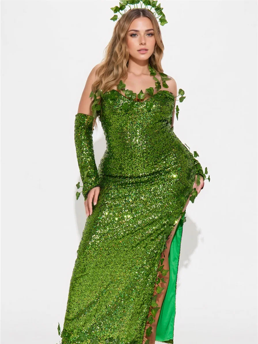 Women's Sexy Halloween Costume Deluxe Green Sequin Ivy Maxi Dress 3 Piece Poisonous Villain Cosplay Costume Set 2