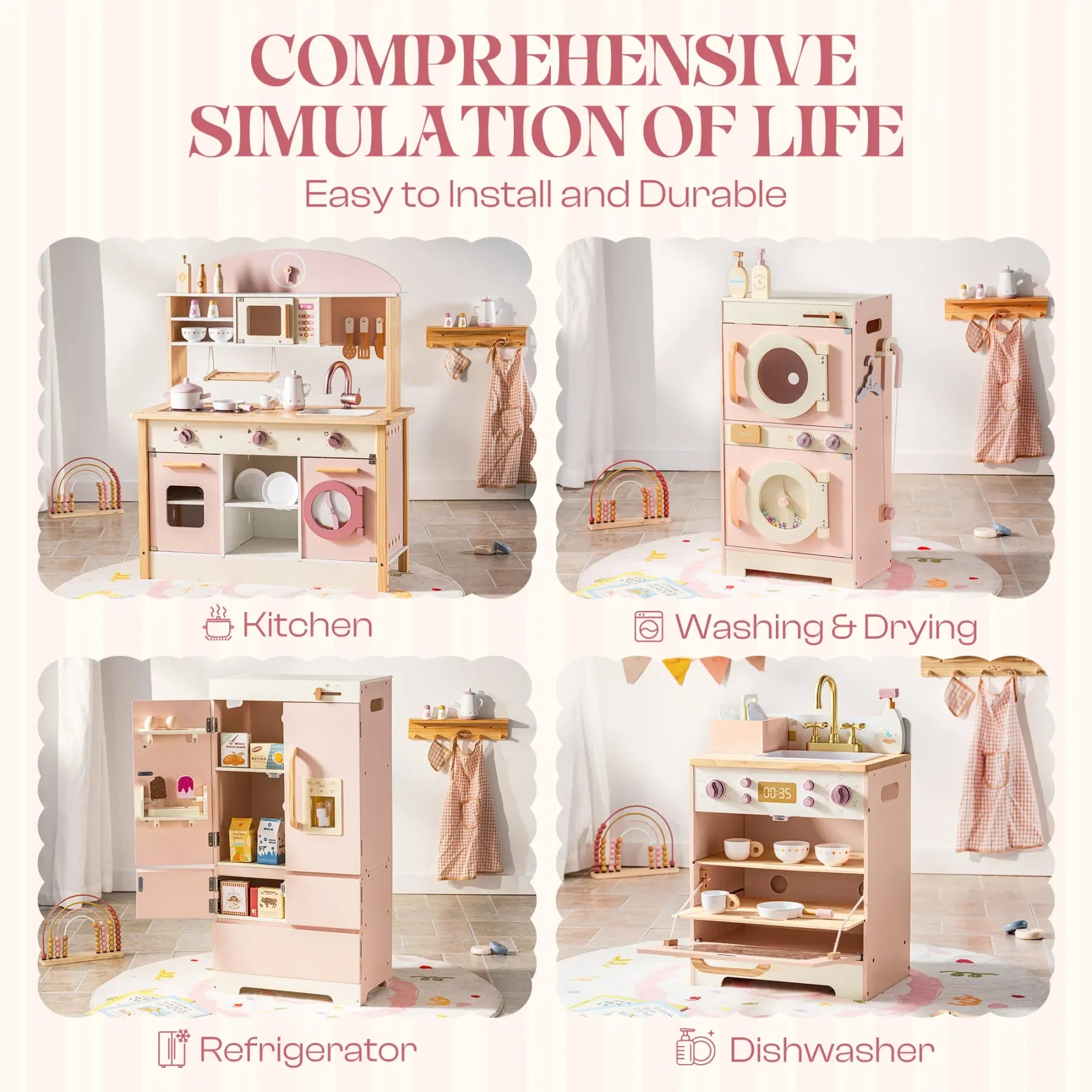 For Full Fun-Kids Corner Wooden Play Kitchen Set with Realistic Sound – Pretend Cooking Toy for Boys & Girls-