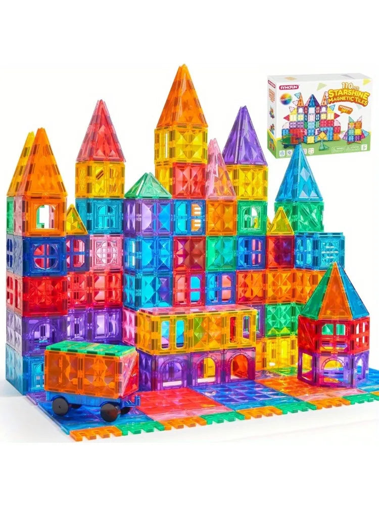 Magnetic building tiles set by For Full Fun, 110, 66, or 50-piece compatible with Magna-Tiles for creative construction and play.