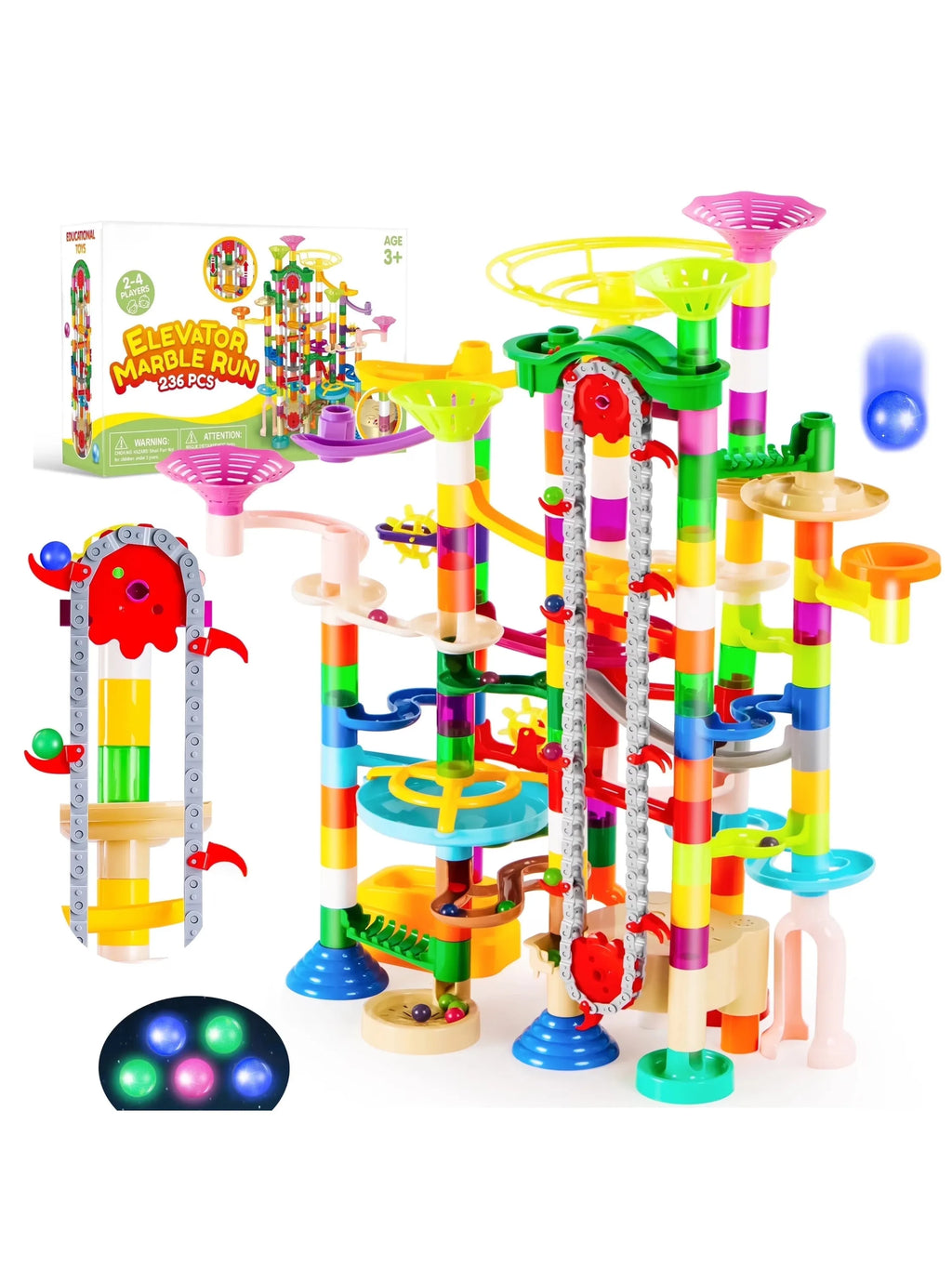 Colorful glowing marble run with motorized elevator, 236-piece set by For Full Fun, showcasing marbles cascading through vibrant tracks.