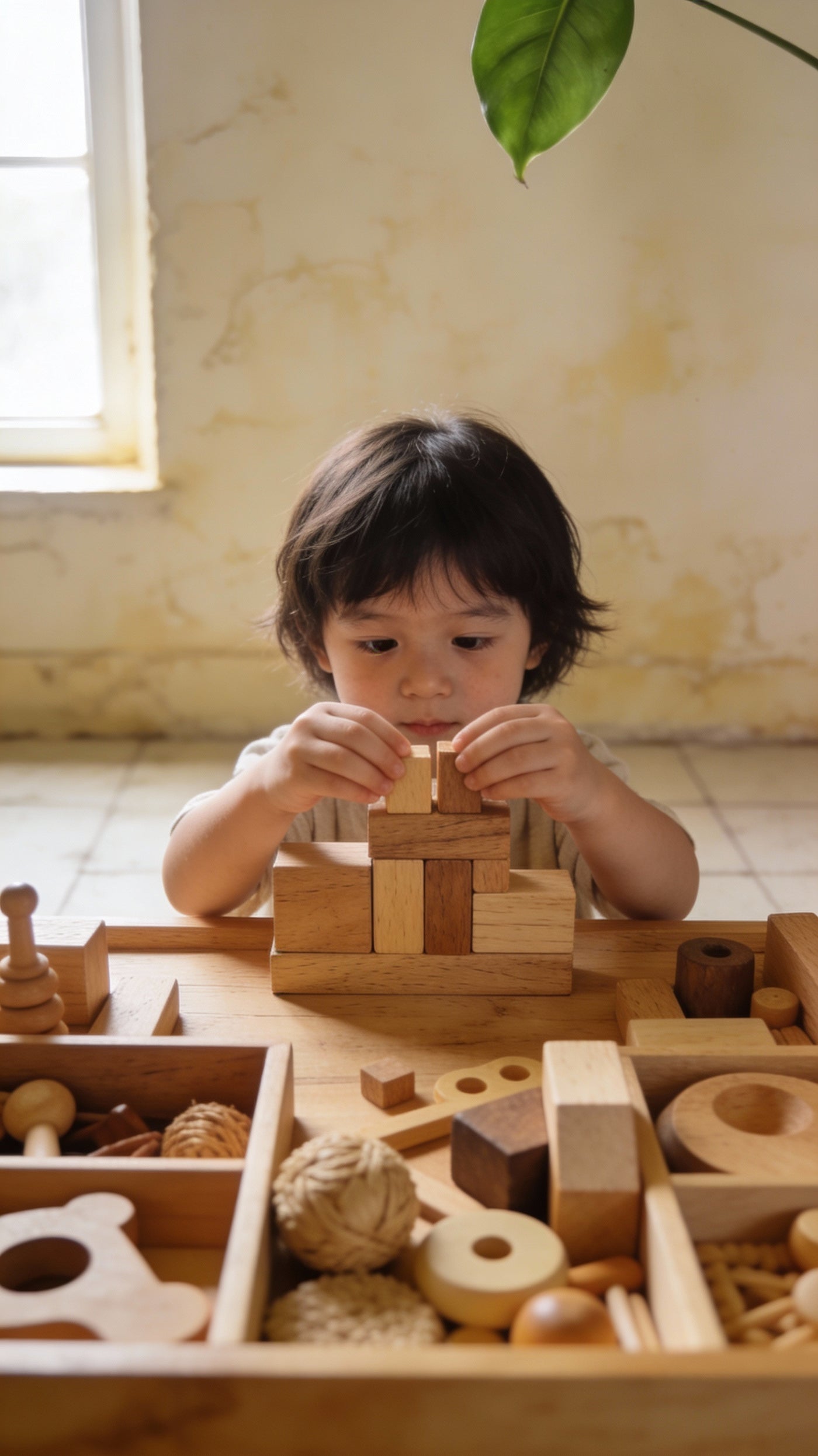 a kid playing with wooden blocks