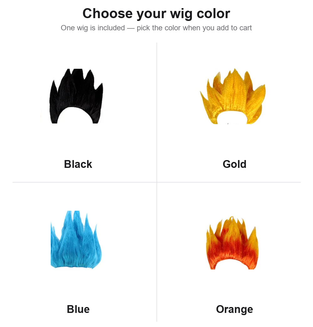 The four wig colors available with the Goku kids costume: black, gold, blue and orange