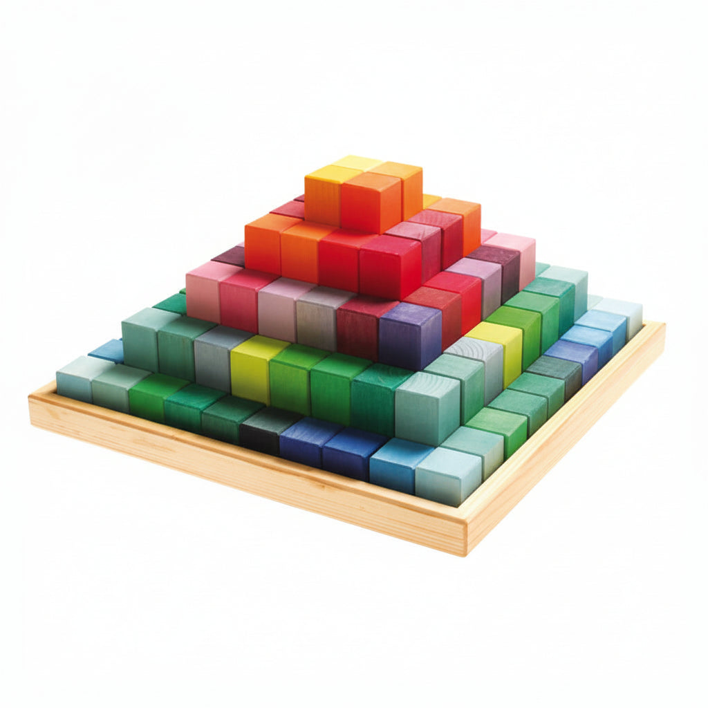 Colorful pyramid made of interlocking wooden blocks on a white background