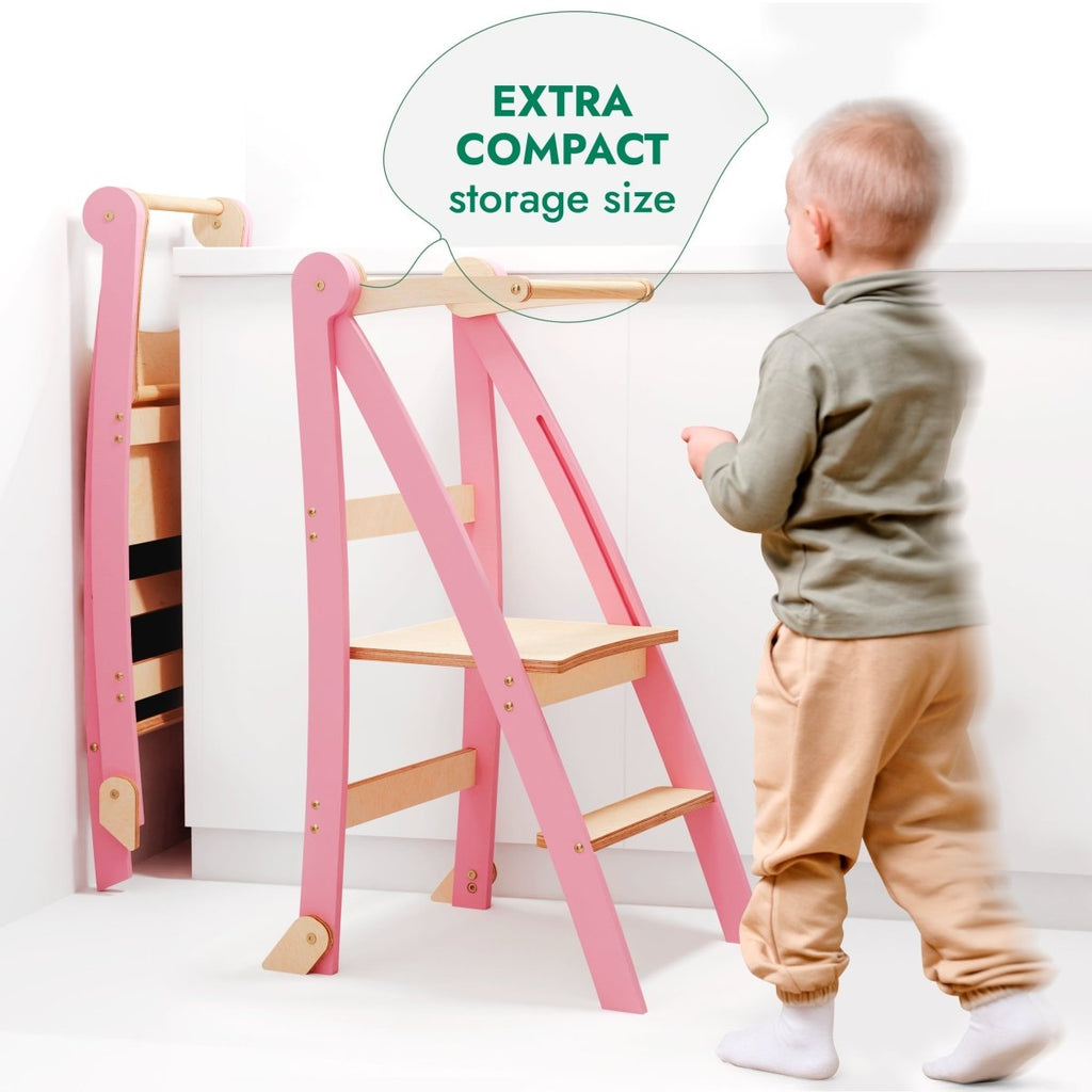 For Full Fun-Helper Tower: A Multi-functional Foldable Step Stool for Kids - Pink-Toddler Tower