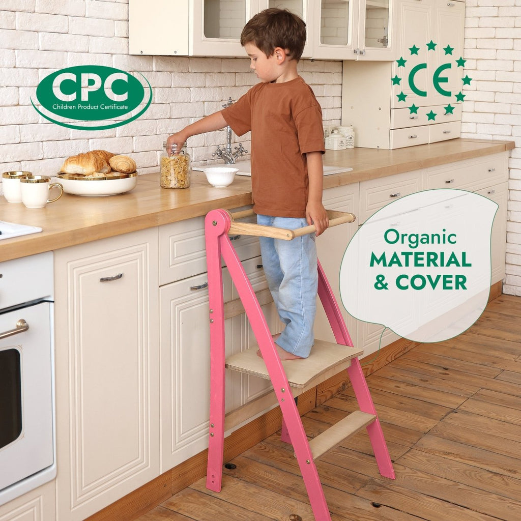 For Full Fun-Helper Tower: A Multi-functional Foldable Step Stool for Kids - Pink-Toddler Tower