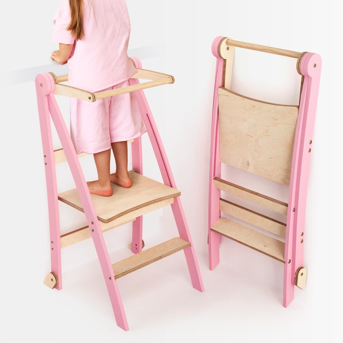 Pink foldable Montessori helper tower and step stool for toddlers – solid wood – ForFullFun