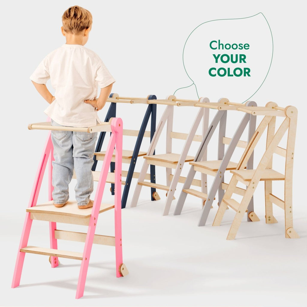 For Full Fun-Helper Tower: A Multi-functional Foldable Step Stool for Kids - Pink-Toddler Tower