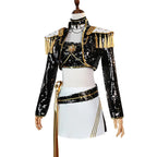 Mira costume on a mannequin, front: sequin jacket, crop top, white gold-striped skirt and tasselled epaulettes