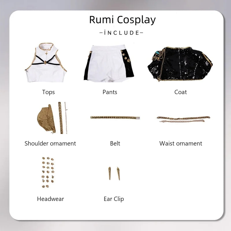 All eight Rumi pieces laid out and labelled: tops, pants, coat, shoulder ornament, belt, waist ornament, headwear and ear clips