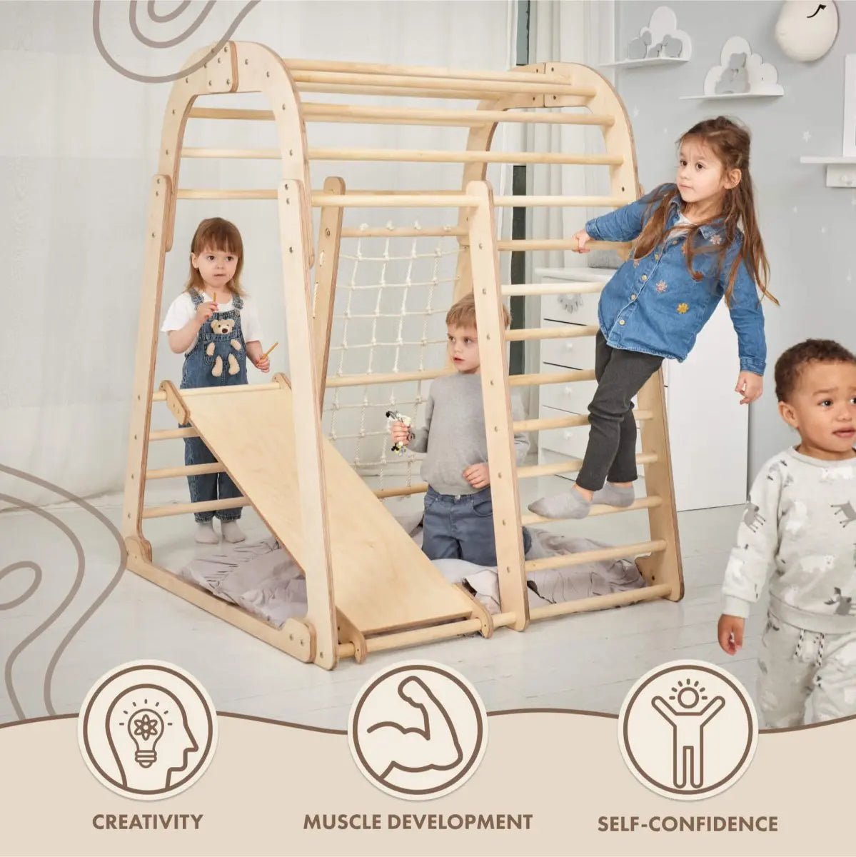 For Full Fun-Indoor Wooden Playground for Children - 6in1 Playground + Swings Set + Slide Board-6in1 Playsets