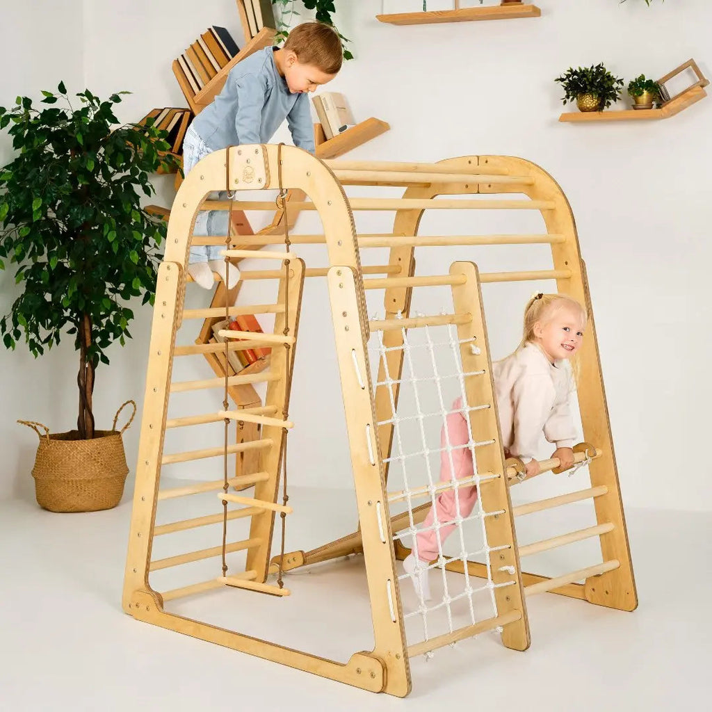 6-in-1 indoor wooden children's playground with swings, slide board and climbing net – ForFullFun