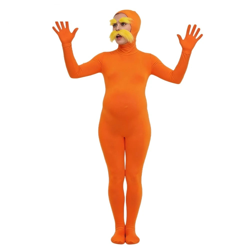 Orange open-face Lorax jumpsuit worn with the yellow moustache and eyebrows