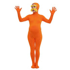 Orange open-face Lorax jumpsuit worn with the yellow moustache and eyebrows