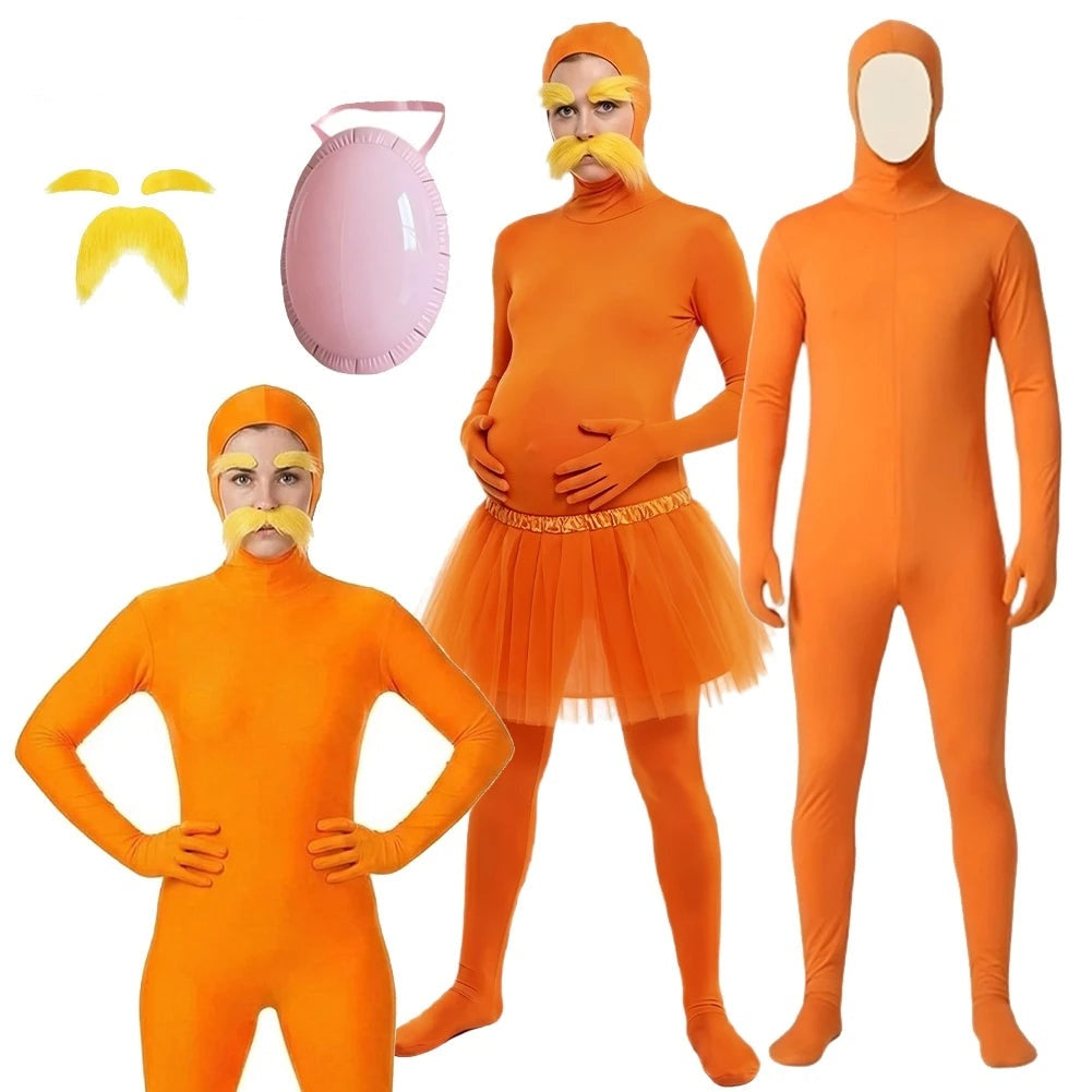 Four people wearing the orange Lorax costume with the fake belly and yellow moustache