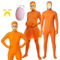 Four people wearing the orange Lorax costume with the fake belly and yellow moustache