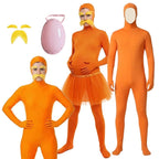 Four people wearing the orange Lorax costume with the fake belly and yellow moustache