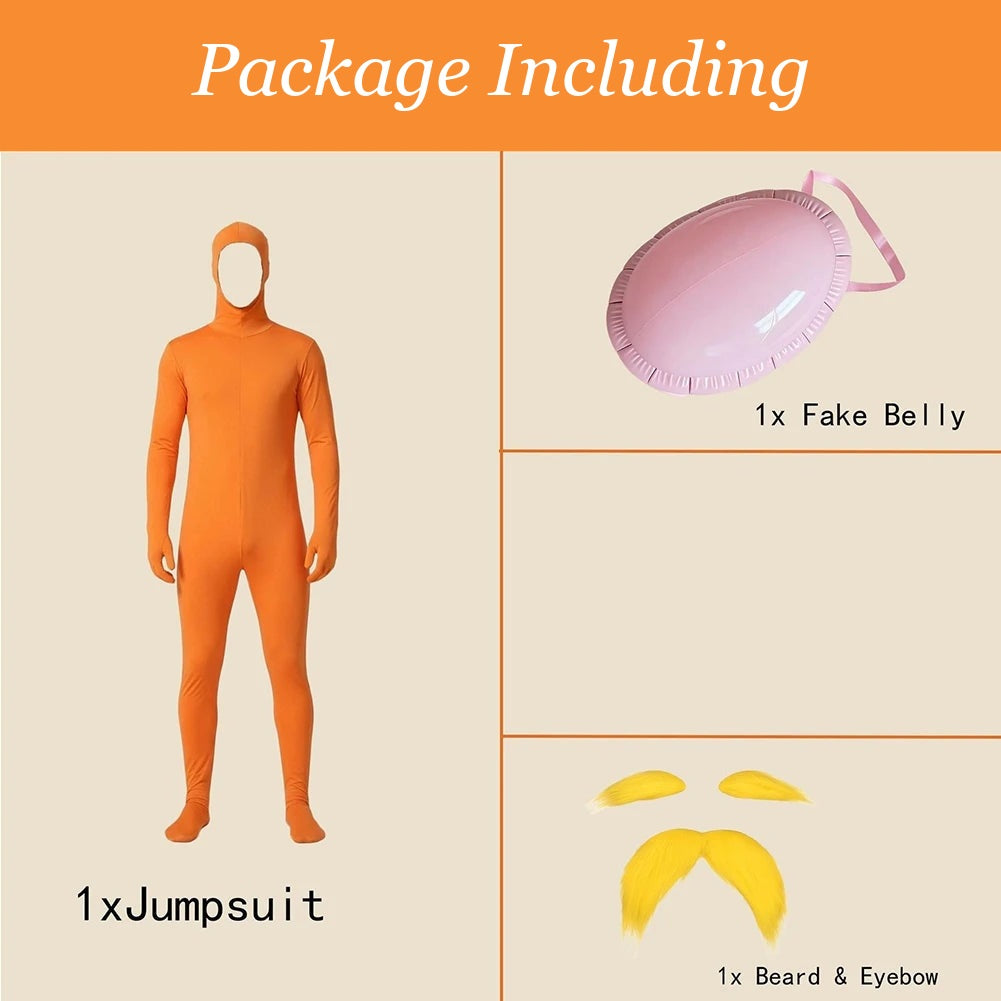 What is included: one jumpsuit, one fake belly, one moustache and eyebrow set