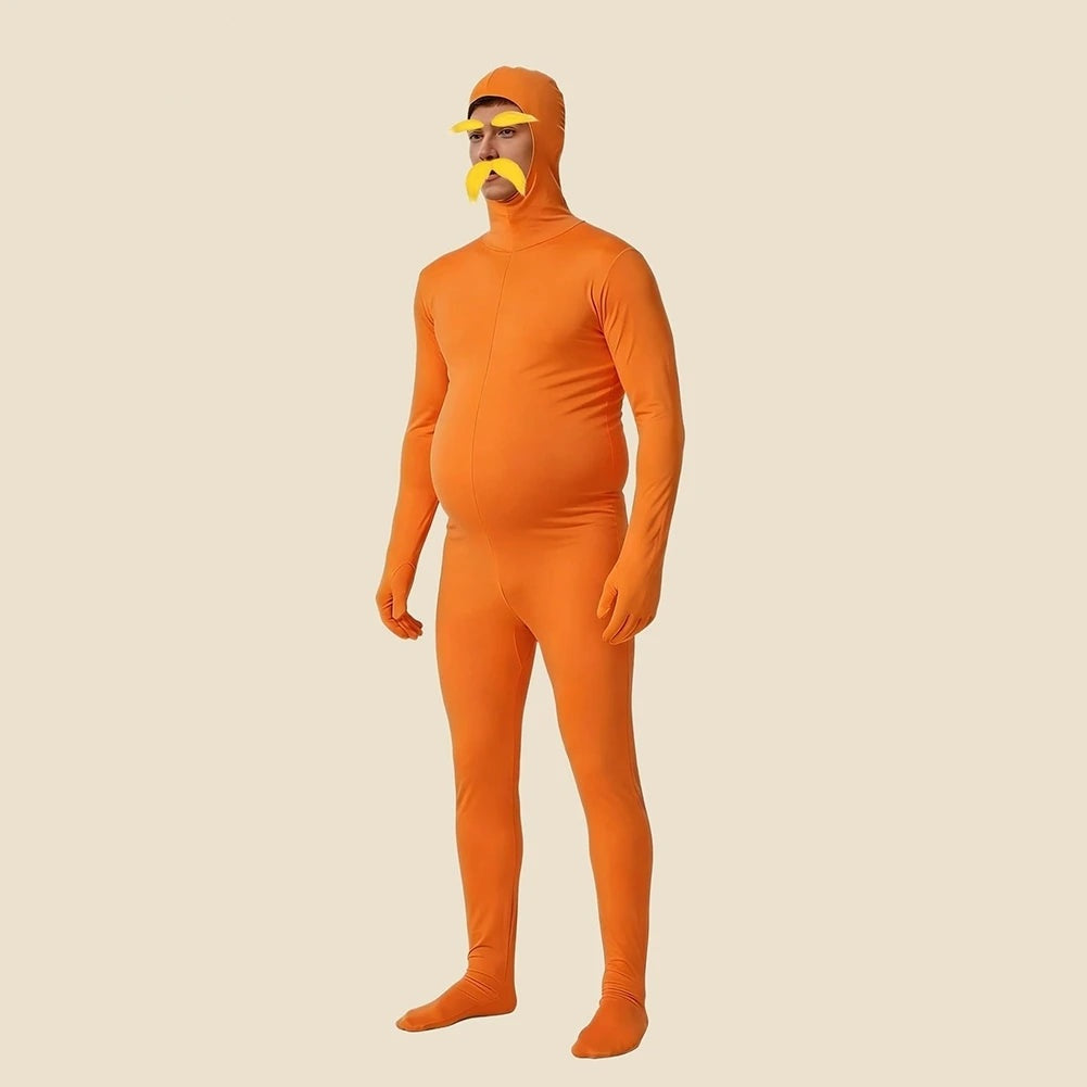 Side view of the Lorax jumpsuit worn with the padded belly underneath