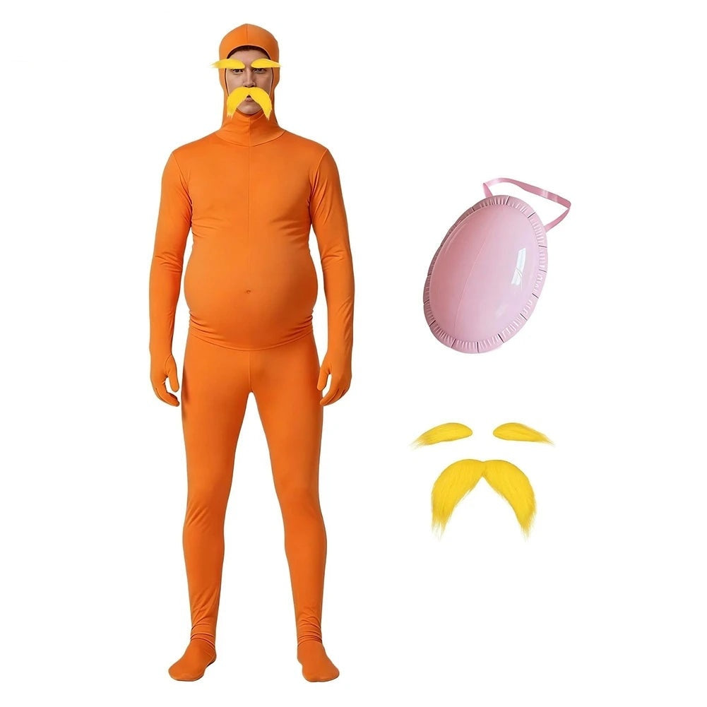 Lorax costume shown with the padded fake belly and the moustache set beside it