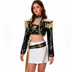 Adult model wearing the Mira costume: black sequin jacket with gold tasselled epaulettes, sequin crop top with filigree brooch, chain choker and white gold-striped skirt