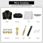 All nine pieces of the Mira kids costume: sequin jacket, crop top, skirt, choker, epaulettes, brooch, sash, belt and shoulder straps