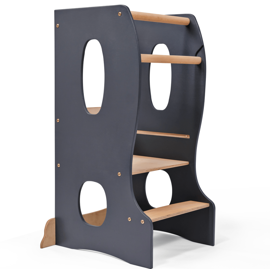 Grey solid wood Montessori learning tower wooden growing chair with adjustable platform – ForFullFun
