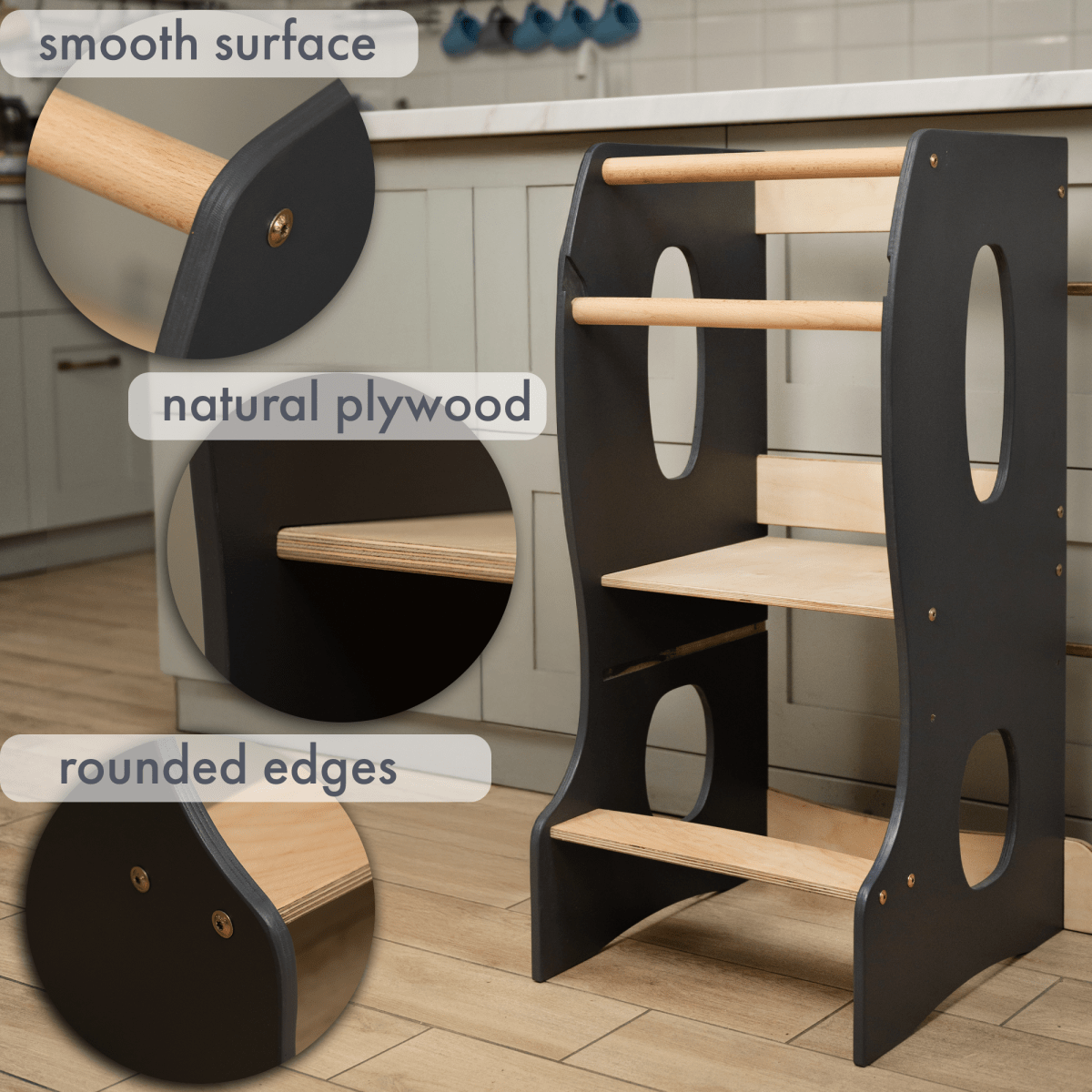 For Full Fun-Stable Montessori Tower: Wooden Growing Chair - Grey-Toddler Tower