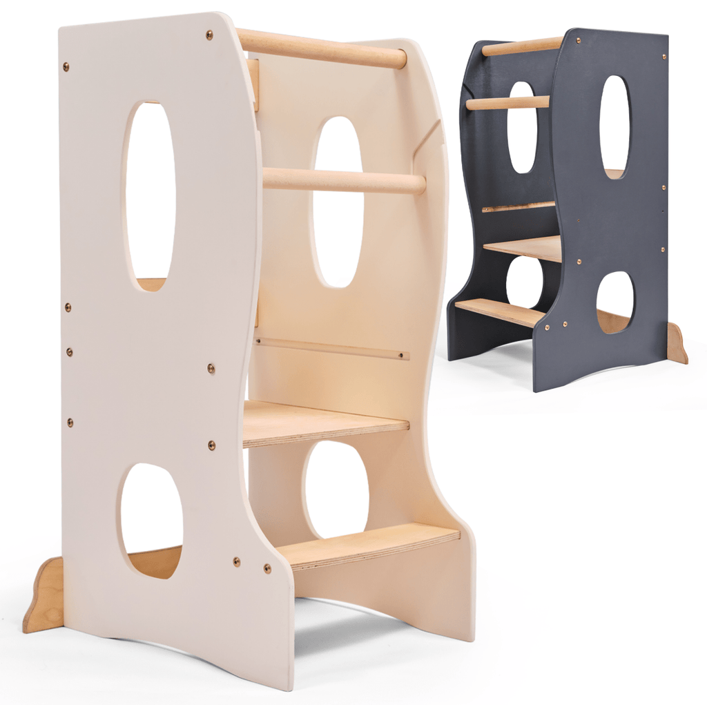 For Full Fun-Stable Montessori Tower: Wooden Growing Chair - Ivory-Toddler Tower