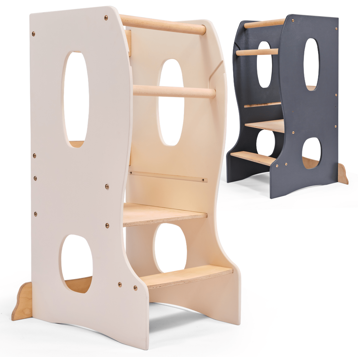 For Full Fun-Stable Montessori Tower: Wooden Growing Chair - Ivory-Toddler Tower