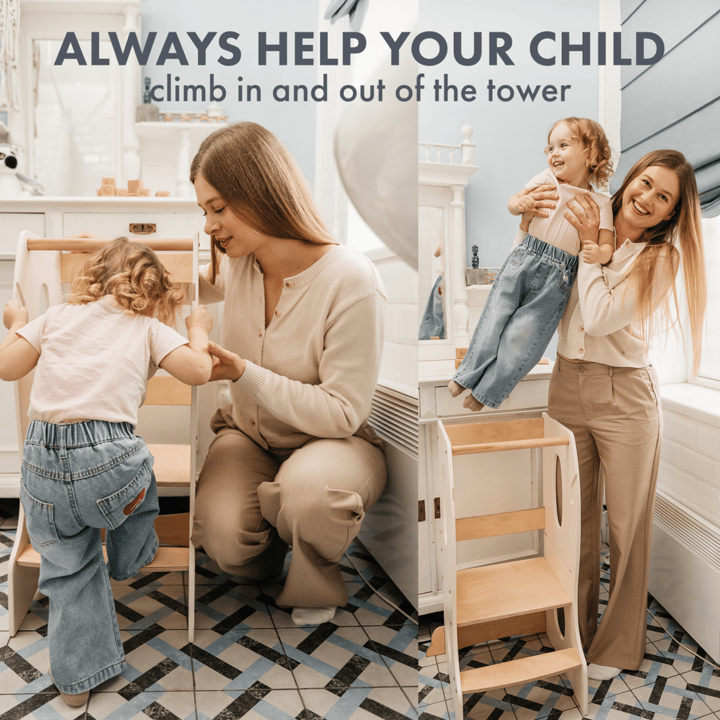 For Full Fun-Stable Montessori Tower: Wooden Growing Chair - Ivory-Toddler Tower