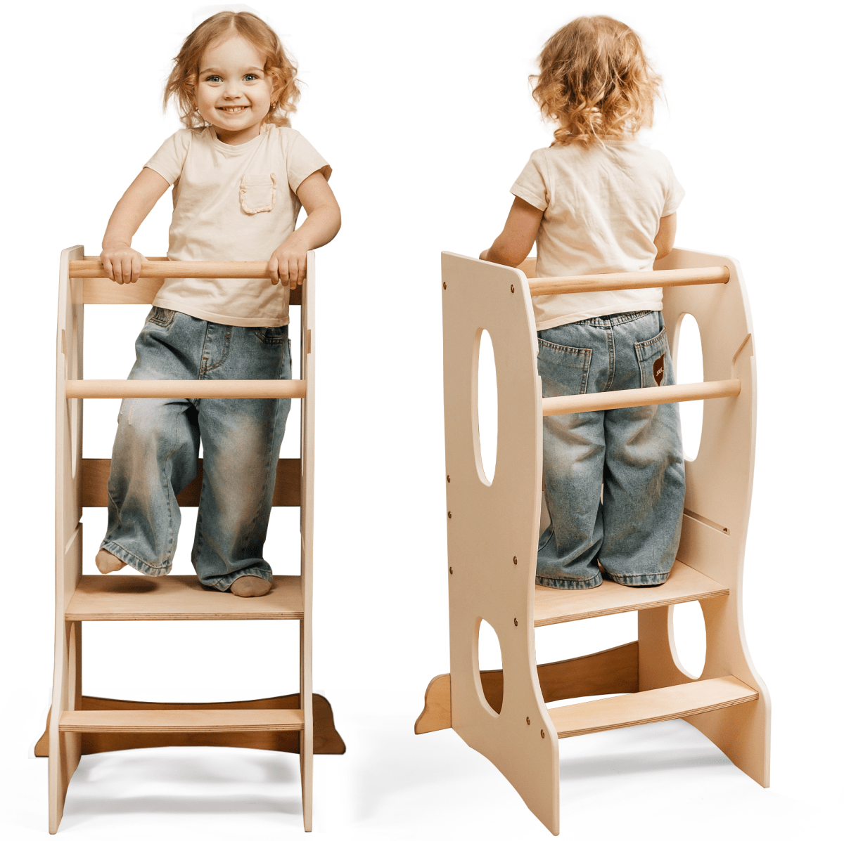 For Full Fun-Stable Montessori Tower: Wooden Growing Chair - Ivory-Toddler Tower