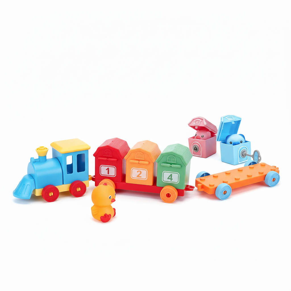 Child playing with colorful toy train set on a white background