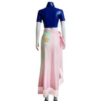 Back view of the Nico Robin costume showing the flower-printed skirt and tied waist wrap
