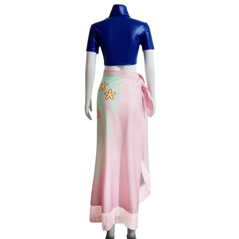Back view of the Nico Robin costume showing the flower-printed skirt and tied waist wrap