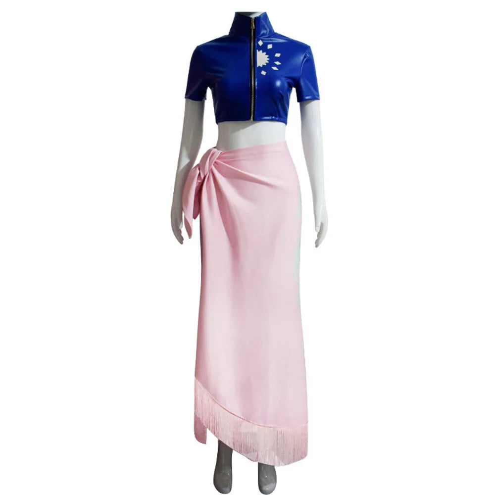 Front view of the Nico Robin costume: blue cropped jacket and long pink wrap skirt with fringed hem