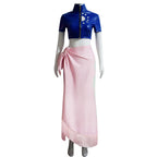 Front view of the Nico Robin costume: blue cropped jacket and long pink wrap skirt with fringed hem
