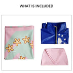 The three pieces included: printed wrap skirt, blue cropped jacket and pink waist wrap