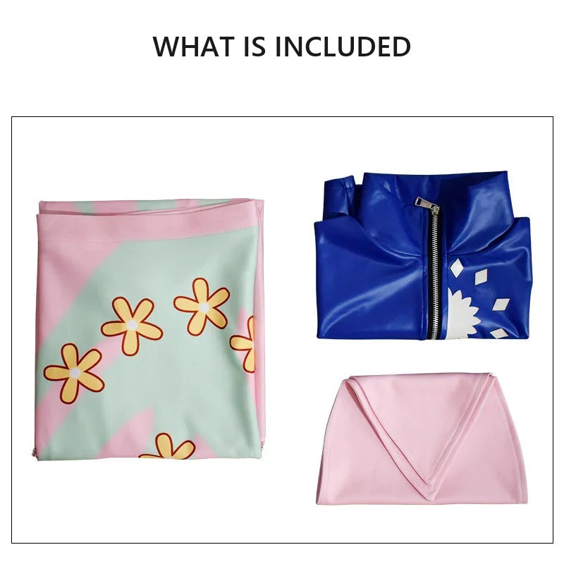 The three pieces included: printed wrap skirt, blue cropped jacket and pink waist wrap