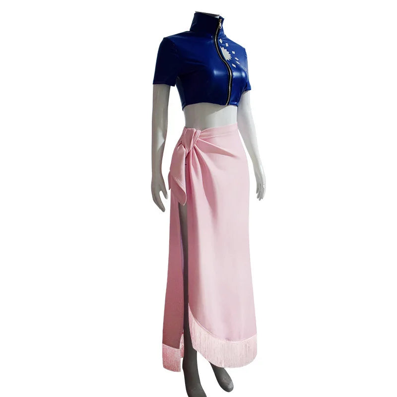 Side view of the Nico Robin costume showing the side split and fringed hem