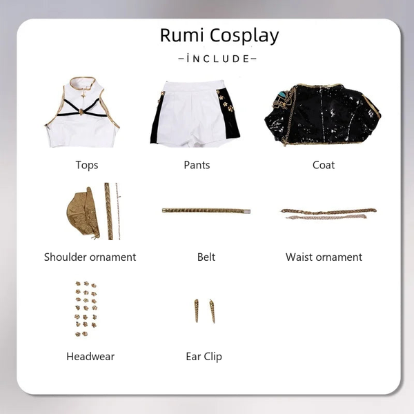 All eight pieces of the Rumi kids costume laid out: crop top, shorts, sequin jacket, shoulder ornament, belt, waist chains, hair ornaments and ear clips