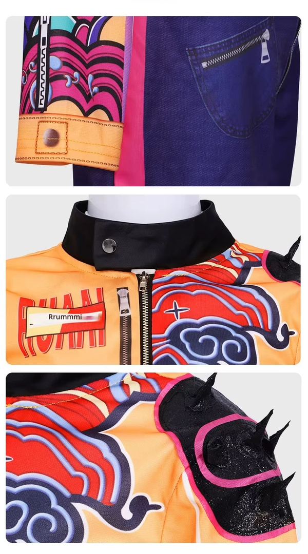 Three close-ups of the Rumi orange costume: printed sleeve cuff beside a zipped shorts pocket, the collar press stud and chest zip, and the moulded spiked shoulder piece