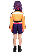 Back view of the Rumi orange costume on a child, showing the white sleeve stripe and spiked shoulder piece