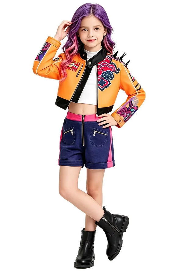 Girl wearing the Rumi orange costume: cropped printed jacket over a white crop top with navy shorts