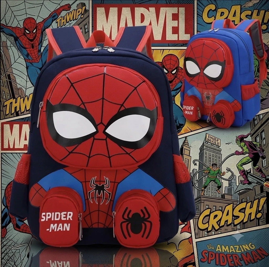 Colorful 3D Spider-Man backpack for kids, featuring a fun educational toy design with adjustable straps and spacious main compartment.
