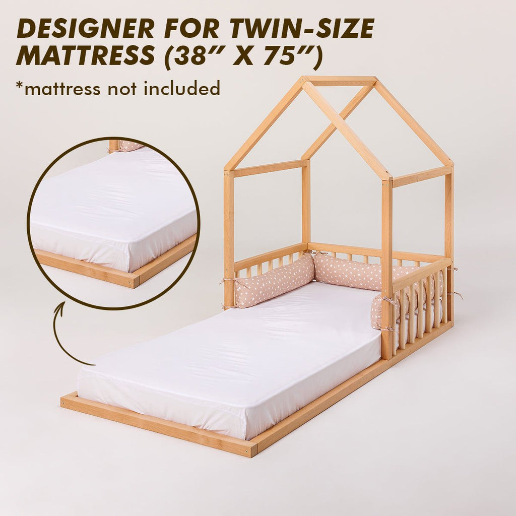 For Full Fun-Small Wooden Montessori House Floor Bed with Fence and Roof for Kids (75x38 inch)-Beds