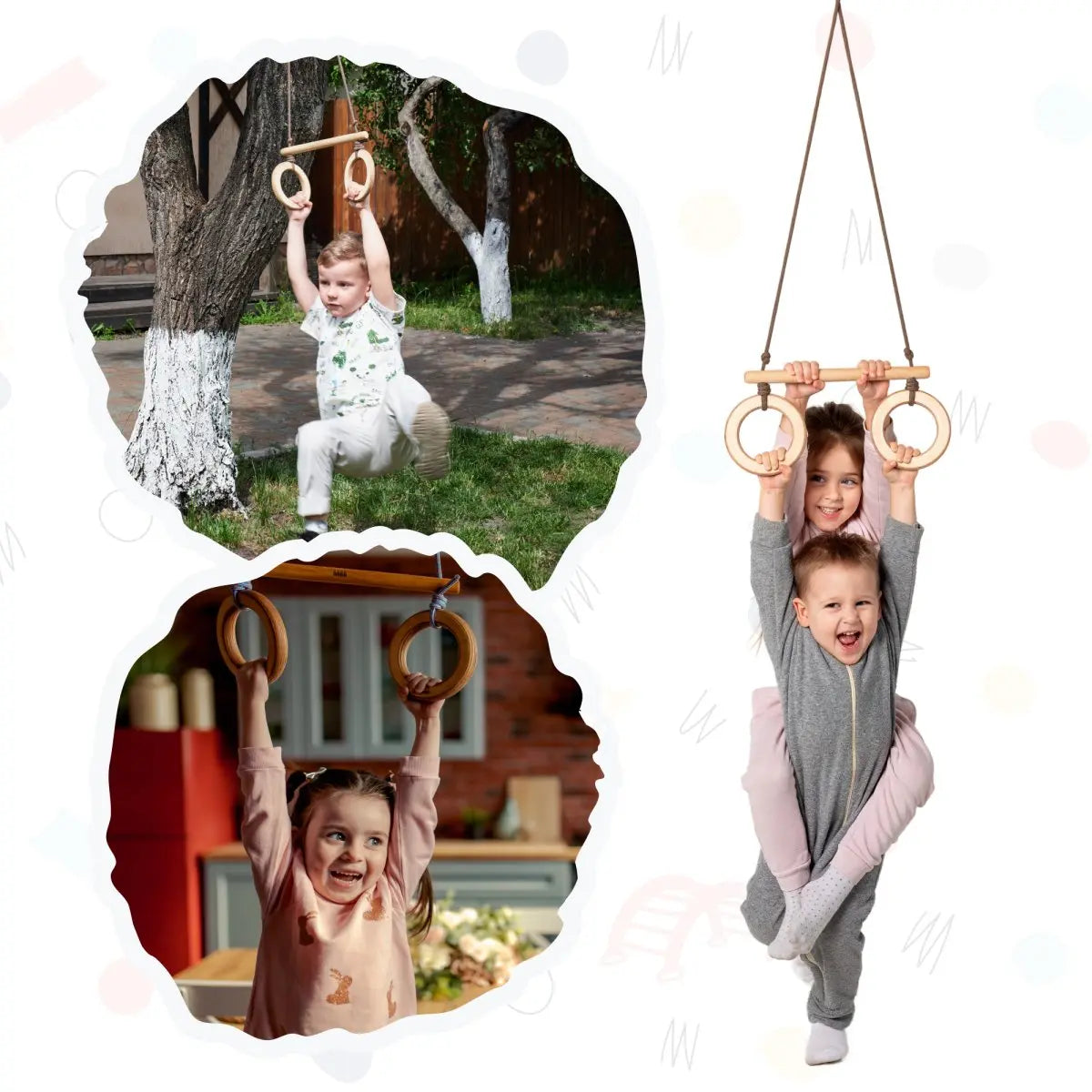 Wooden trapeze swing bar with gymnastics rings for children – ceiling and tree mount – ForFullFun