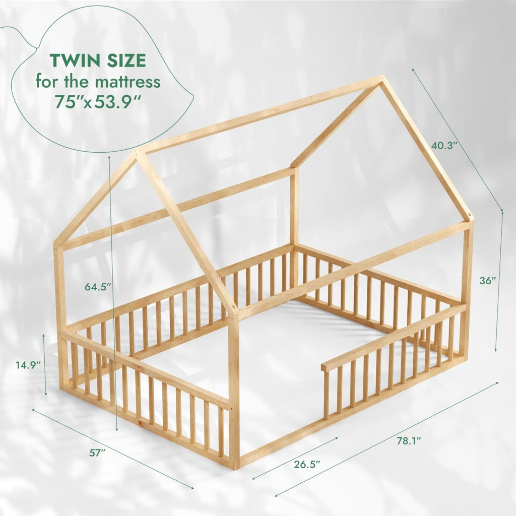 For Full Fun-Twin Size Montessori House Bed for Kids with Fence-Beds