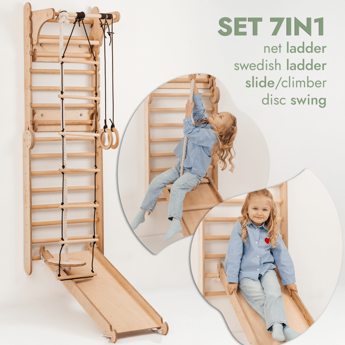 For Full Fun-Wooden Swedish Wall / Climbing ladder for Children + Swing Set + Slide Board + Art Add-on-Swedish wall